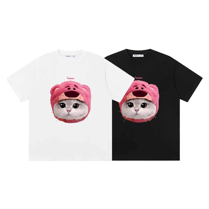 国潮重磅纯棉 【粉红头饰猫猫】 男女同款t恤美式复古短袖新款-Z070