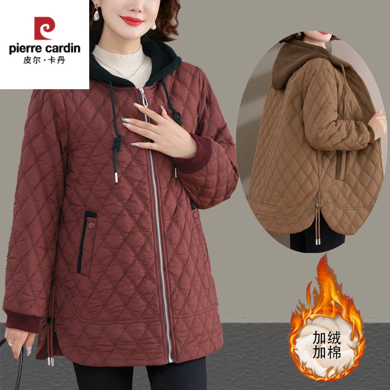 皮尔卡丹妈妈时尚棉衣外套加厚秋冬大码棉袄冬季新款显瘦连帽休闲
