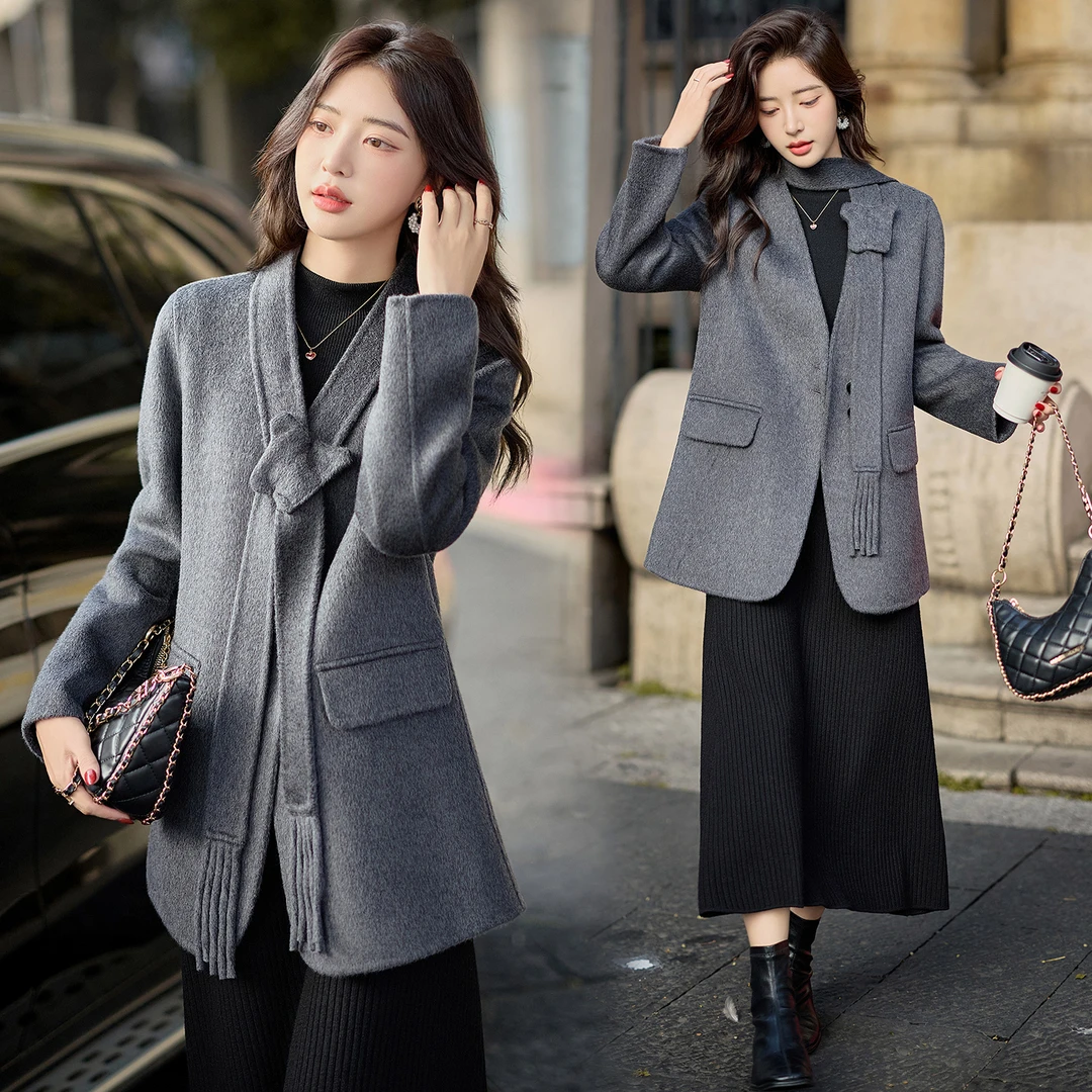 2025新款时尚气质休闲高级感显瘦减龄时尚气质围巾款双面呢大衣潮