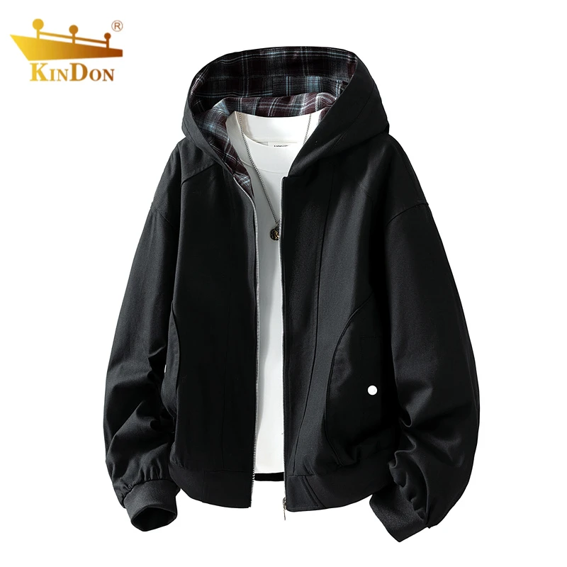 美式复古撞色格子外套男士春秋季潮流宽松高级感开衫连帽夹克