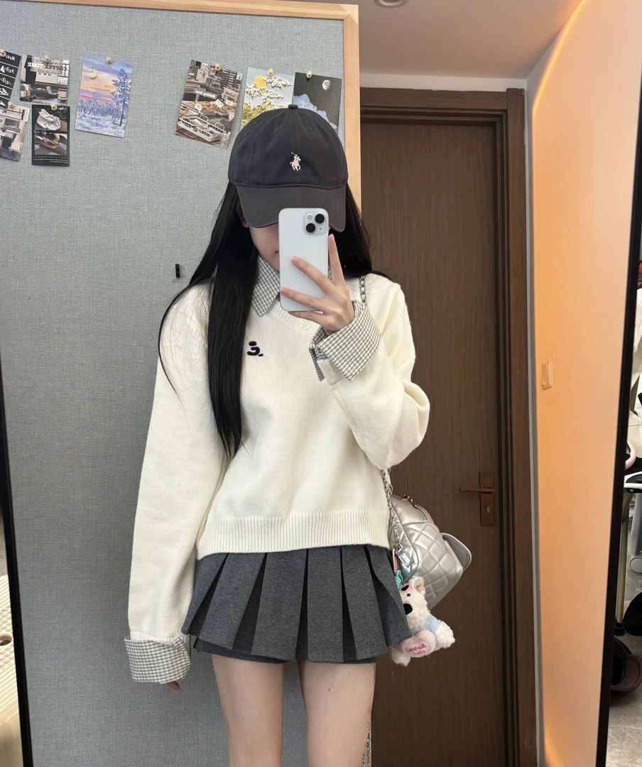 学院风格纹假两件毛织女圆领刺绣针织休闲慵懒感外套上衣圆领针织