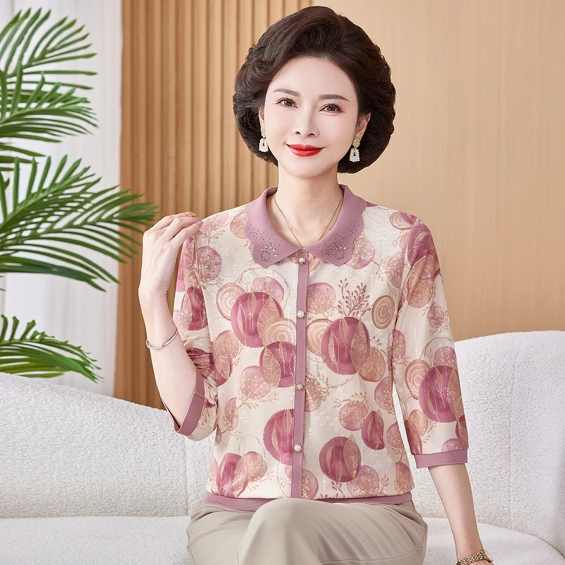 2025新款夏季七分袖薄款T恤衫洋气妈妈装翻领减龄上衣奶奶衣服