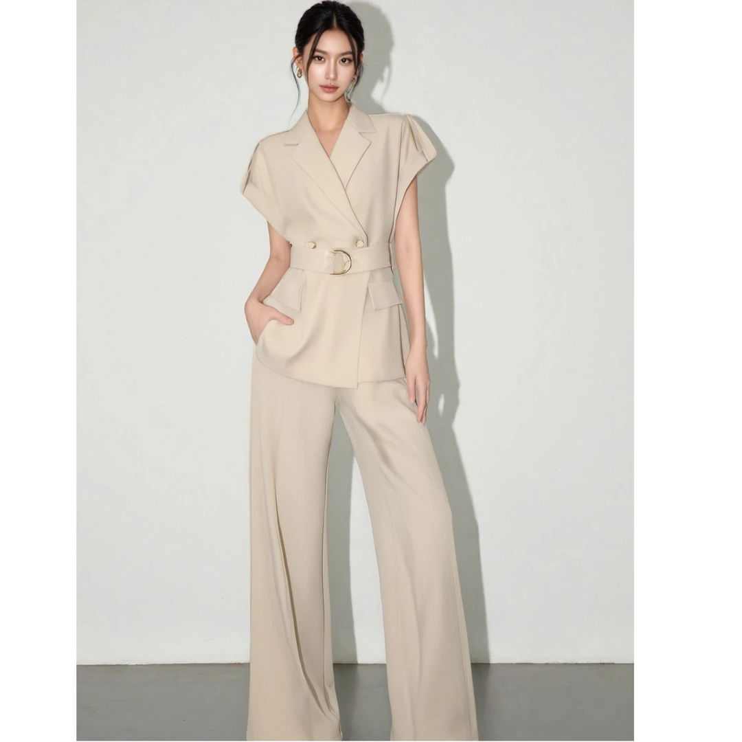 2025夏季法式优雅收腰上衣阔腿裤两件套休闲马夹套装SHBZW651784