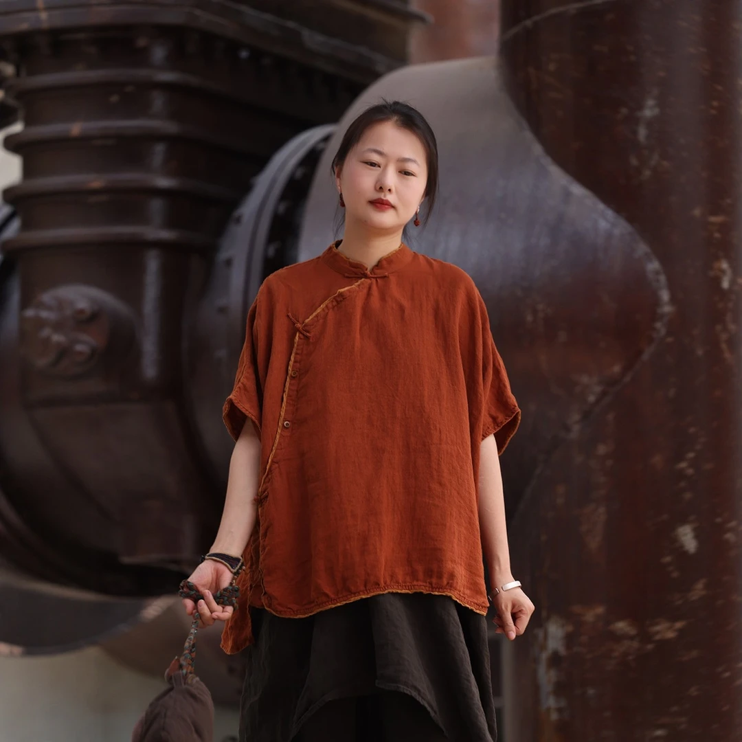 衣路走来原创设计亚麻斜襟盘扣慵懒气质半袖上衣38856