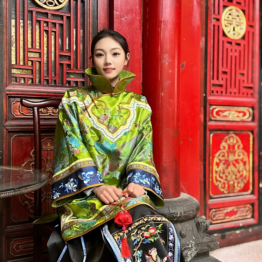 煜秀堂传统华服桑蚕丝真丝老软缎凤仙领太太服如意云肩国风