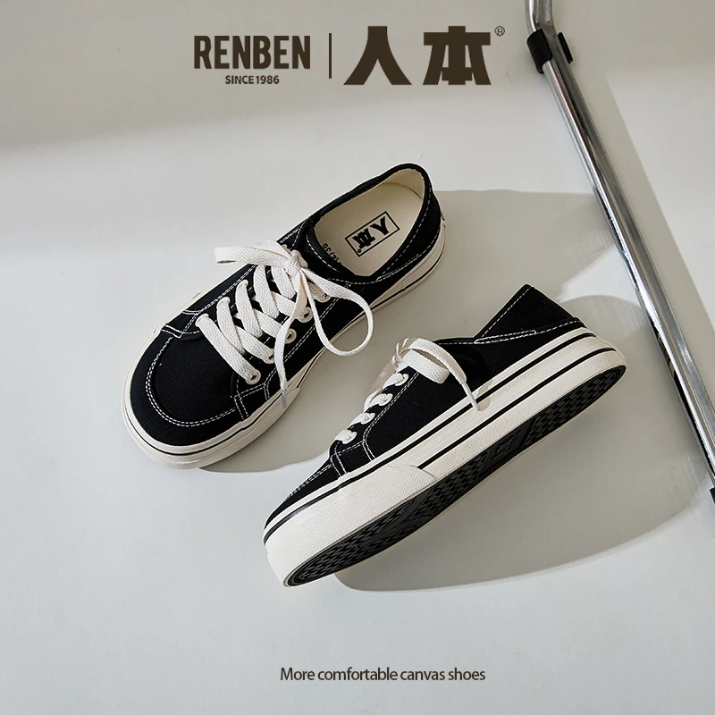 人本2025秋季低帮两穿帆布鞋女透气百搭休闲布拖韩版增高半拖女鞋