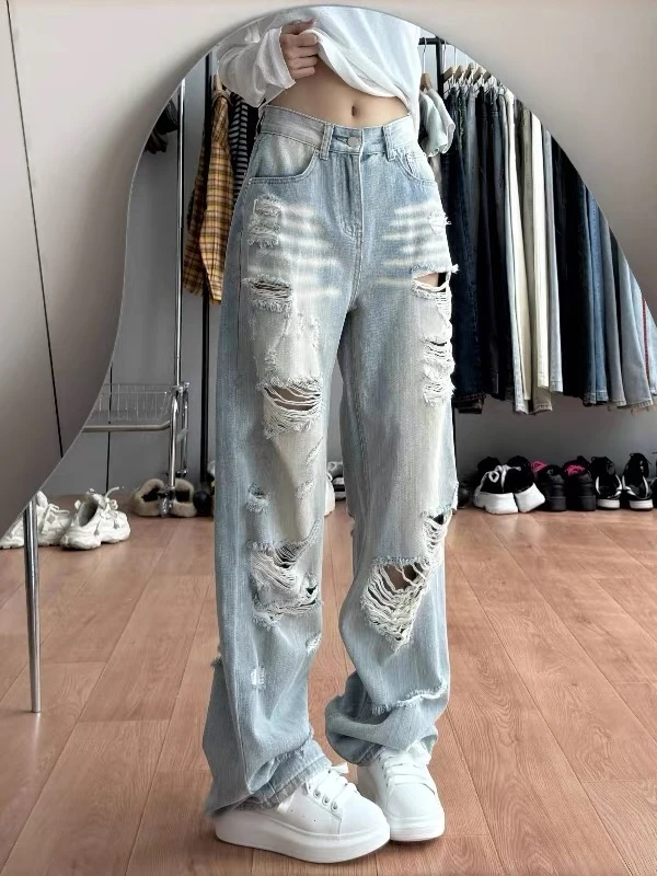 高个子美式高街破洞牛仔裤女2025春季新款高腰宽松显瘦休闲拖地裤