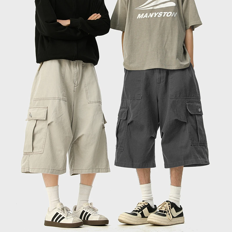 美式复古工装多口袋七分裤子男2025夏季新款潮牌宽松直筒休闲短裤