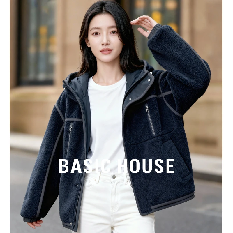 Basic House/百家好羊羔毛连帽羽绒服女冬休闲风宽松百搭保暖外套