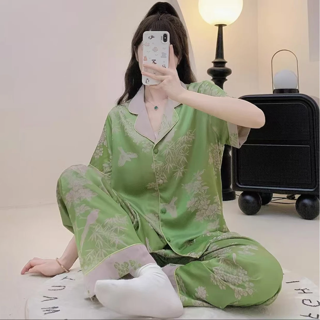 短袖林深翠鸣春女士精品睡衣家居服中式套装中国风中式丝绸套装