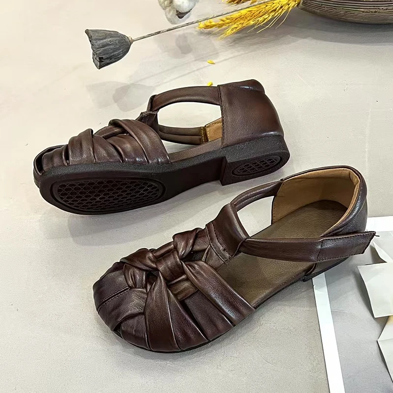 头层牛皮手工编织凉鞋夏季低跟软底纯色真皮凉鞋女 跟2cm