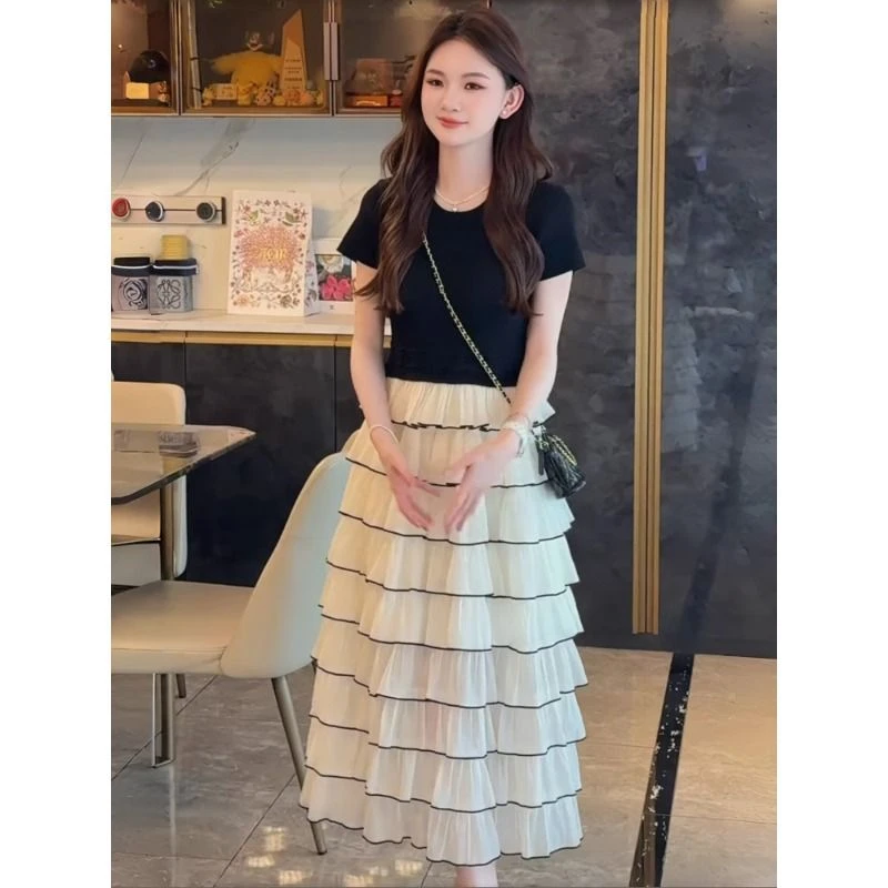 法式小香风精致假两件拼接短袖连衣裙女夏千金名媛气质显瘦蛋糕裙