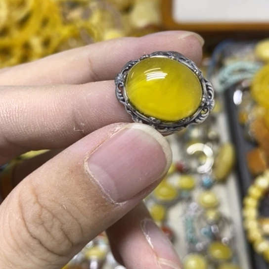 蜜蜡银S925镶嵌裸石戒指