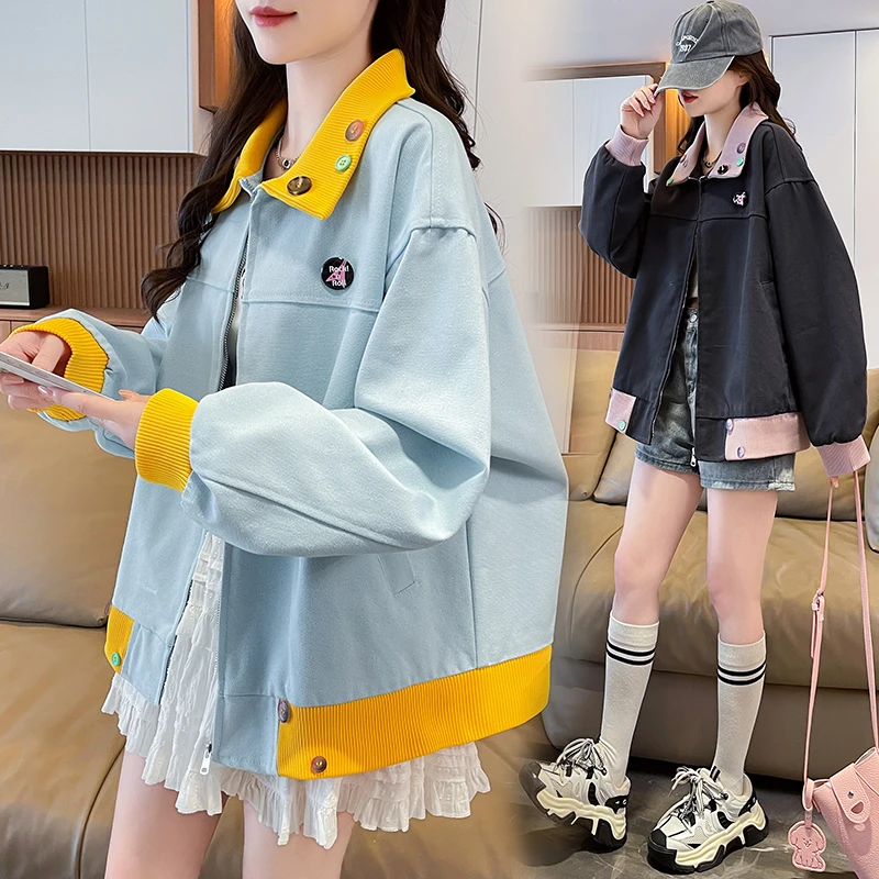 秋冬新款撞色高级感外套女大童高初中学生休闲潮流韩版夹克棒球服