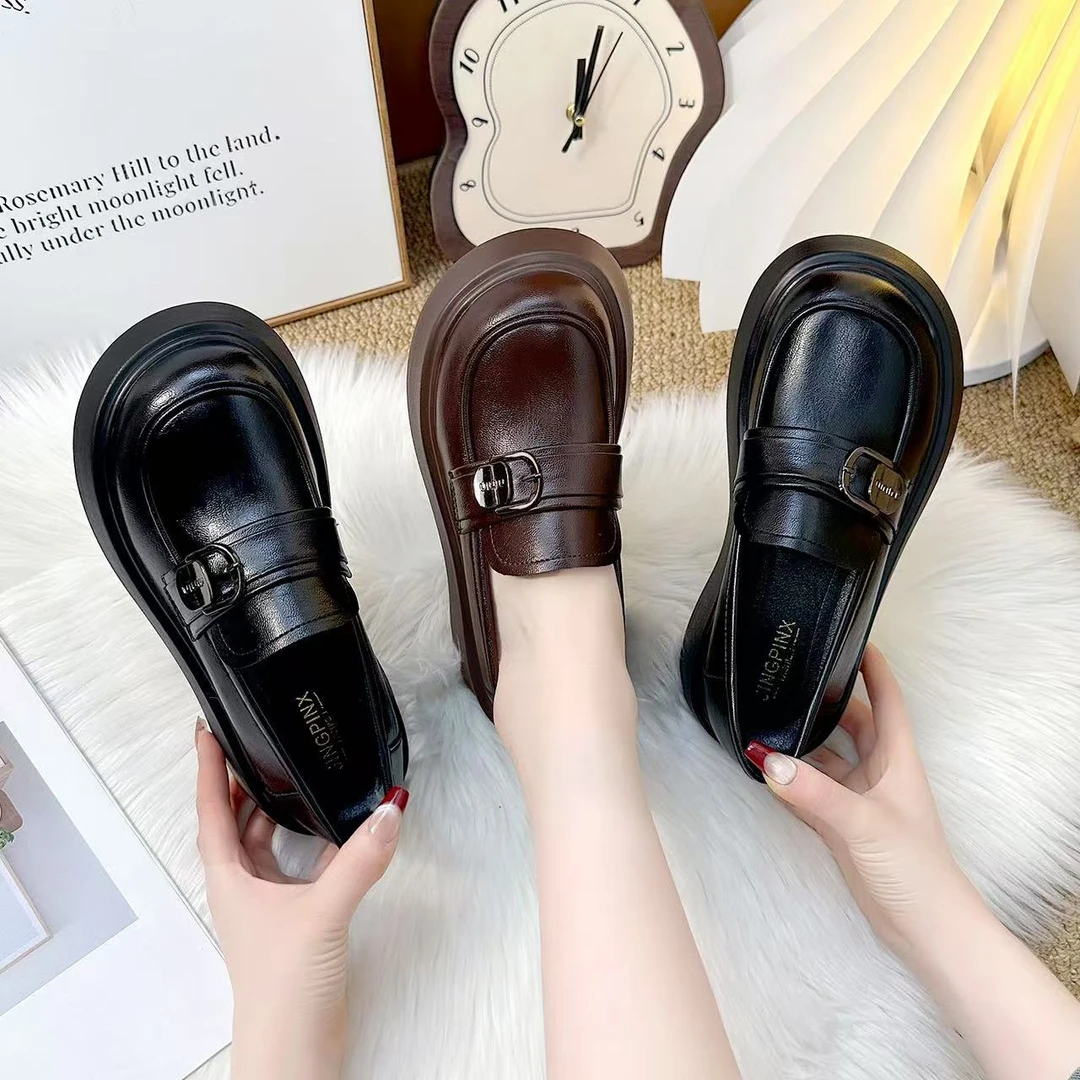 【朵苮品牌】厚底增高黑色女鞋2025春秋新款英伦风乐福鞋单鞋2586