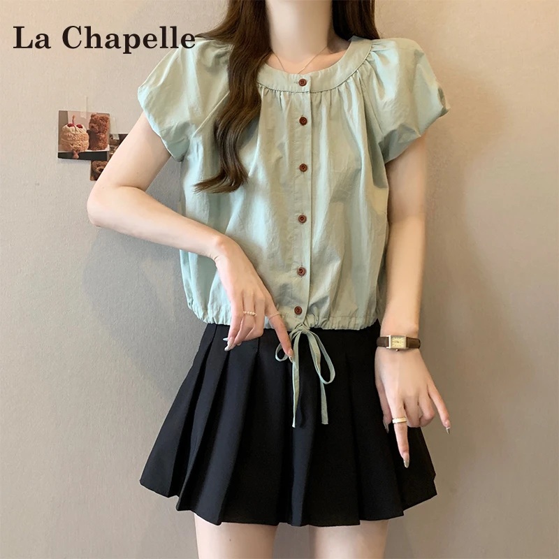 拉夏贝尔甜美泡泡袖衬衫女款夏季2025新款森系小清抽绳短袖上衣