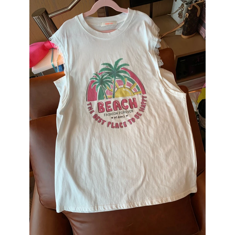 【张静芝】蕾丝小飞袖度假粉印花小坎肩白色T恤