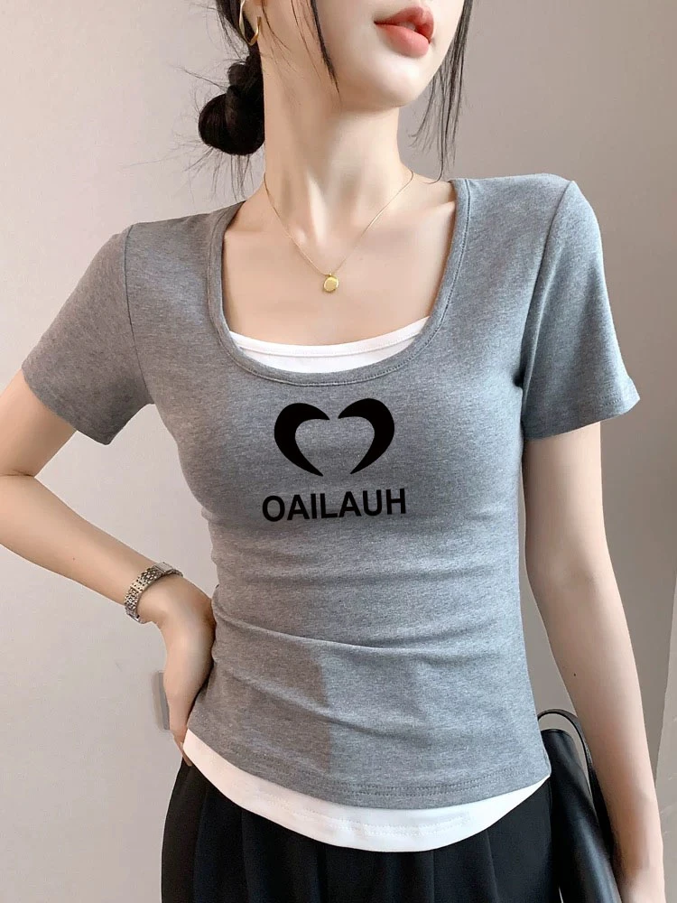 撞色拼接假两件收腰上衣百搭时尚夏季新款U领体恤修身短袖t恤女