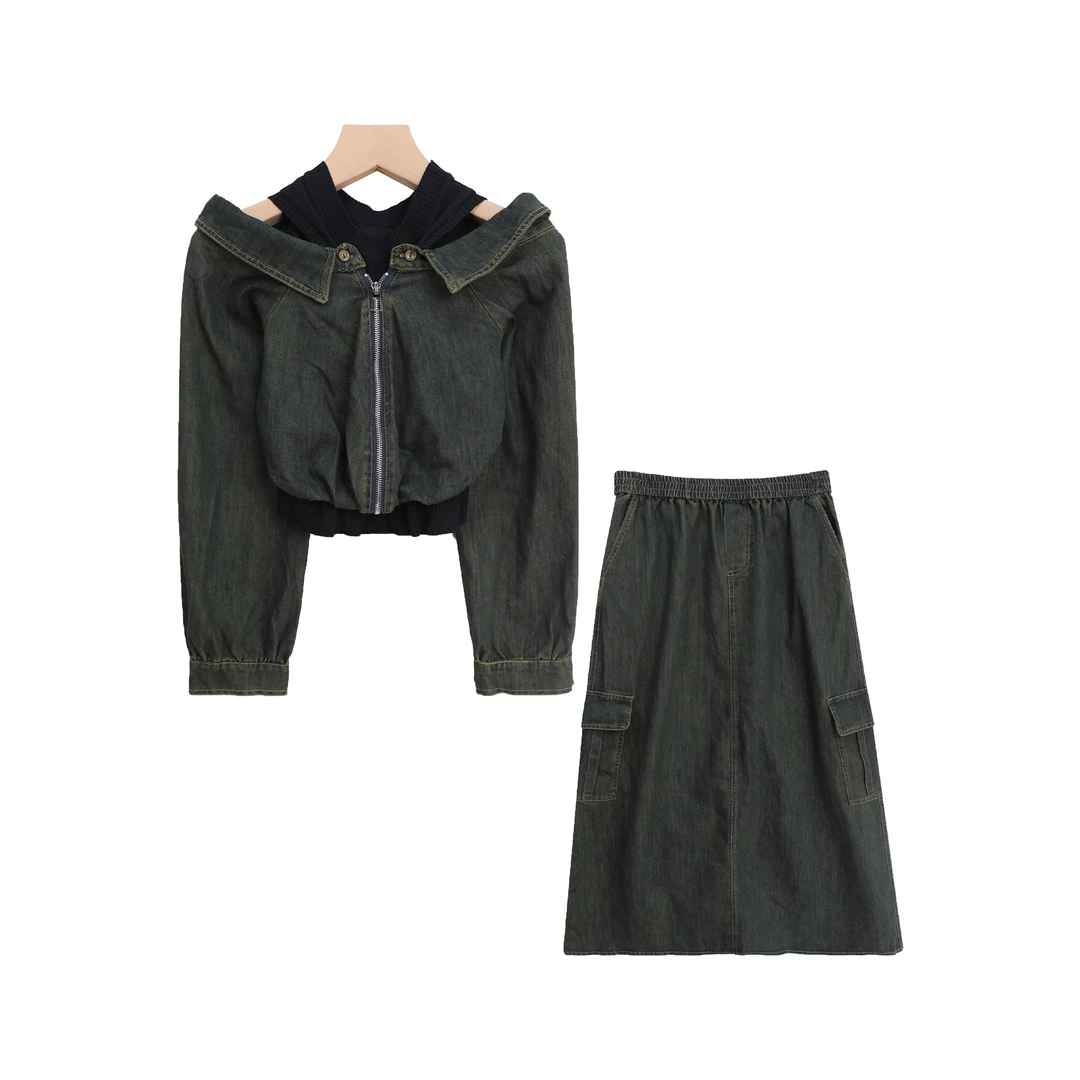 S高级感法式复古拼接牛仔露肩上衣半身裙两件套X27204