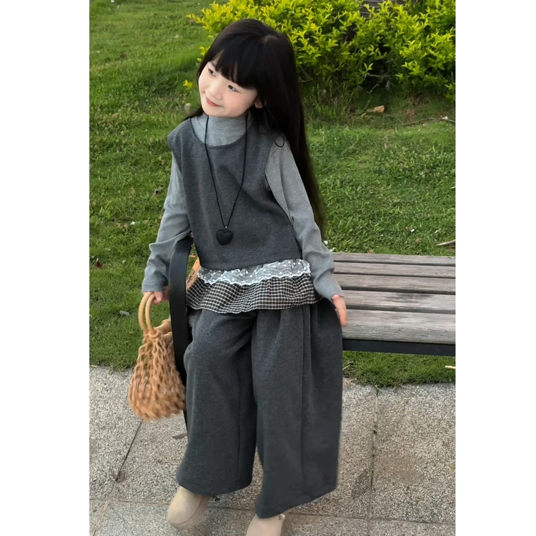 女童套装2025秋季新款花边打底衫马甲阔腿裤三件套中大童套装