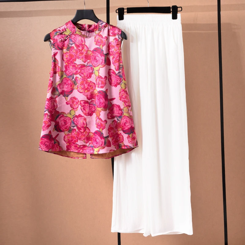 喜庆玫瑰花无袖上衣锦鲤套装女夏季2025新款时尚舒适阔腿裤两件套