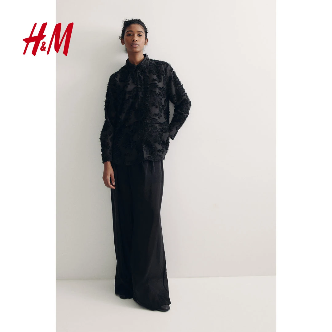 HM女装衬衫冬季新款时尚纹理感尖领长袖舒适百搭上衣1193743