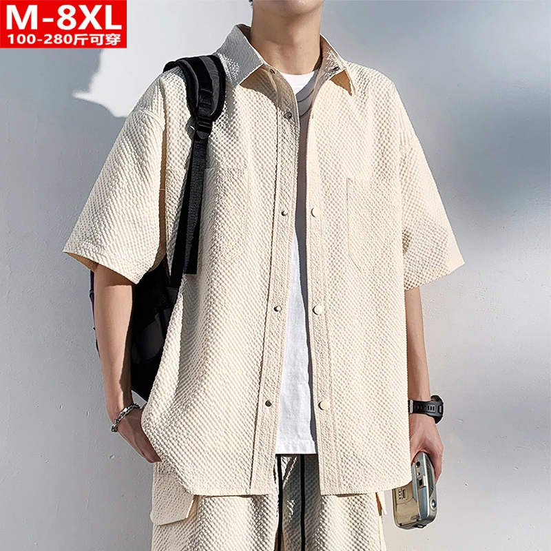 夏季港风潮男装时尚方领贴袋短袖衬衫胖男士加肥大码宽松休闲衬衣