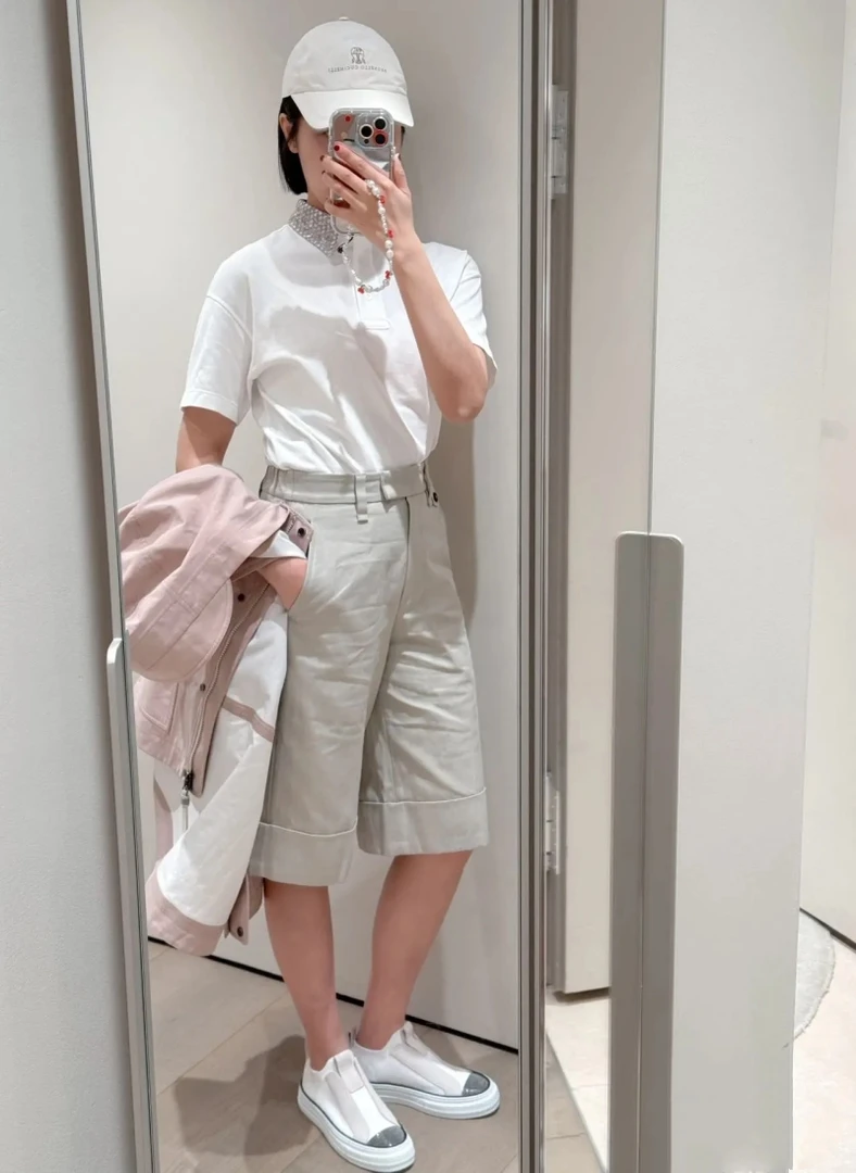 女士外贸泥灰色高腰简约时尚下角卷边棉麻混纺夏日气质休闲五分裤