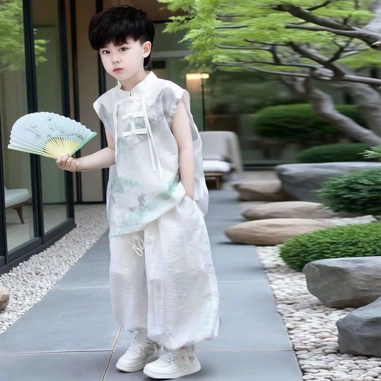 夏装帅气唐装【陌上人如玉】夏季新款儿童轻薄透气中式国风无袖套装