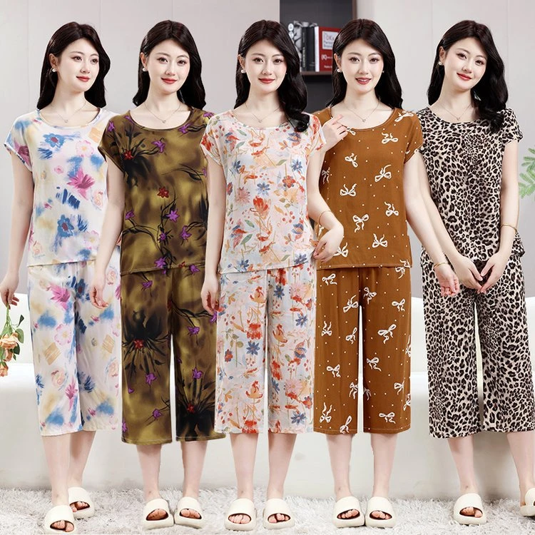 妈妈夏装棉绸短袖套装新款中老年人女宽松居家服睡衣两件套可外穿
