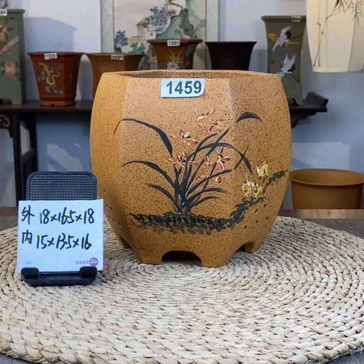 花盆紫砂 新品放漏柴烧彩绘宫灯六方1459