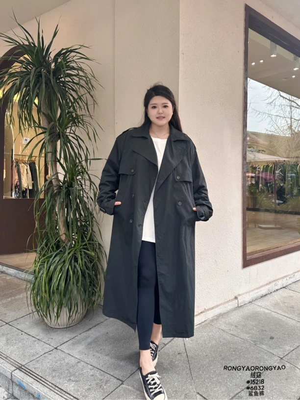 高级感灰绿色春夏宽松气质薄风衣15218