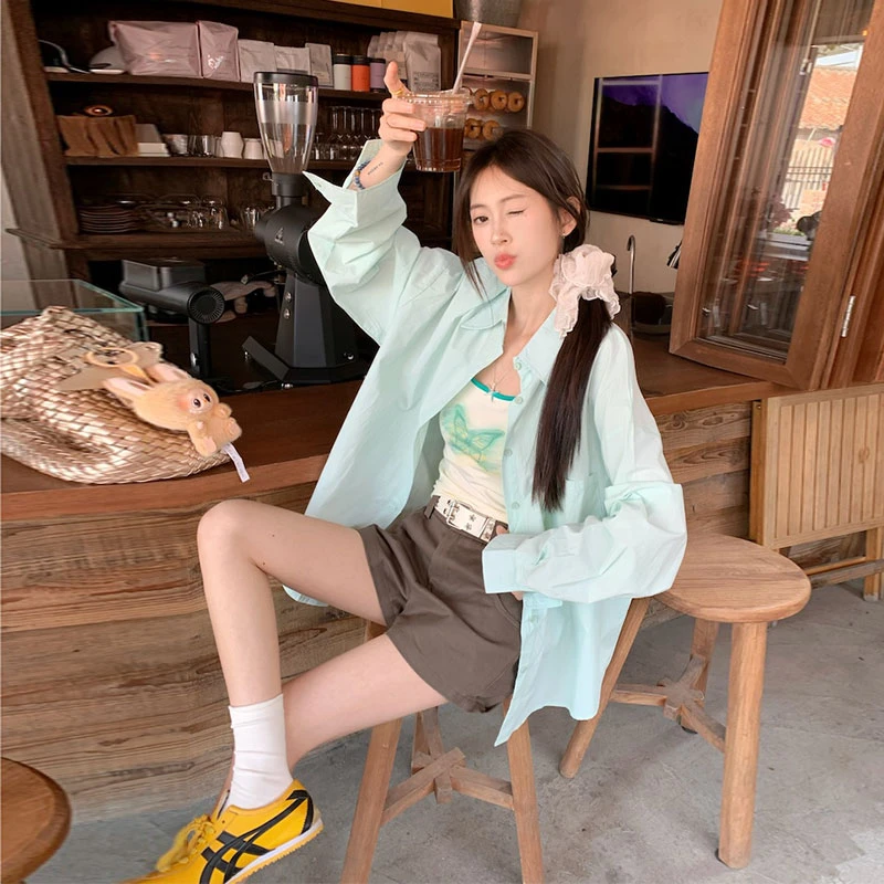 夏季新款薄荷绿长袖衬衫防晒宽松休闲慵懒风外搭衬衣上衣短裤套装