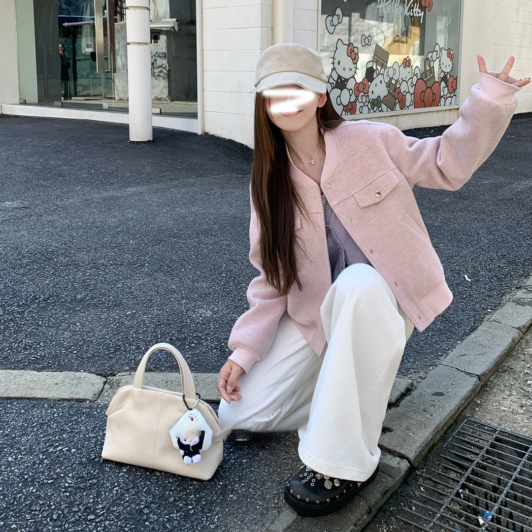 棒球服女通勤百搭款短休闲款夹棉保暖毛呢外套上衣女kk-08938