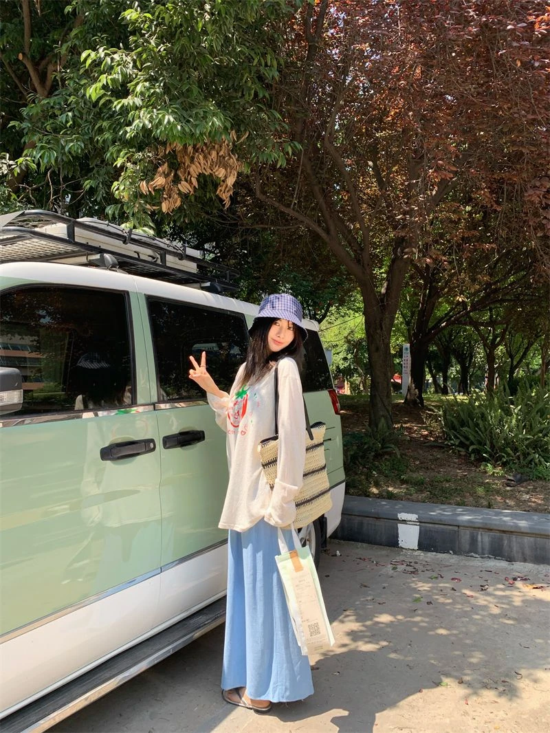 美式复古长袖t恤女夏季番茄小猫咪慵懒防晒罩衫学院风百搭上衣ins