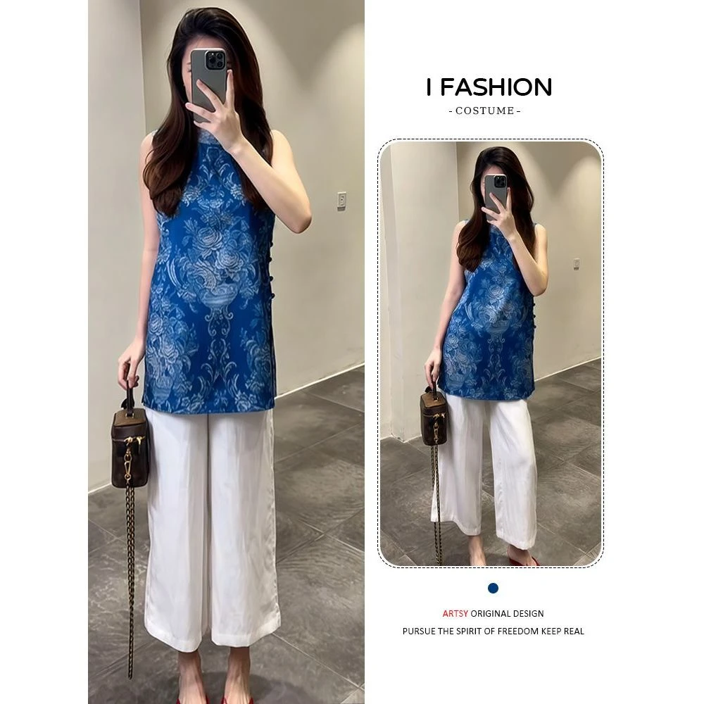 新中式国风时尚套装女2025年夏季新款无袖显瘦上衣阔腿长裤两件套