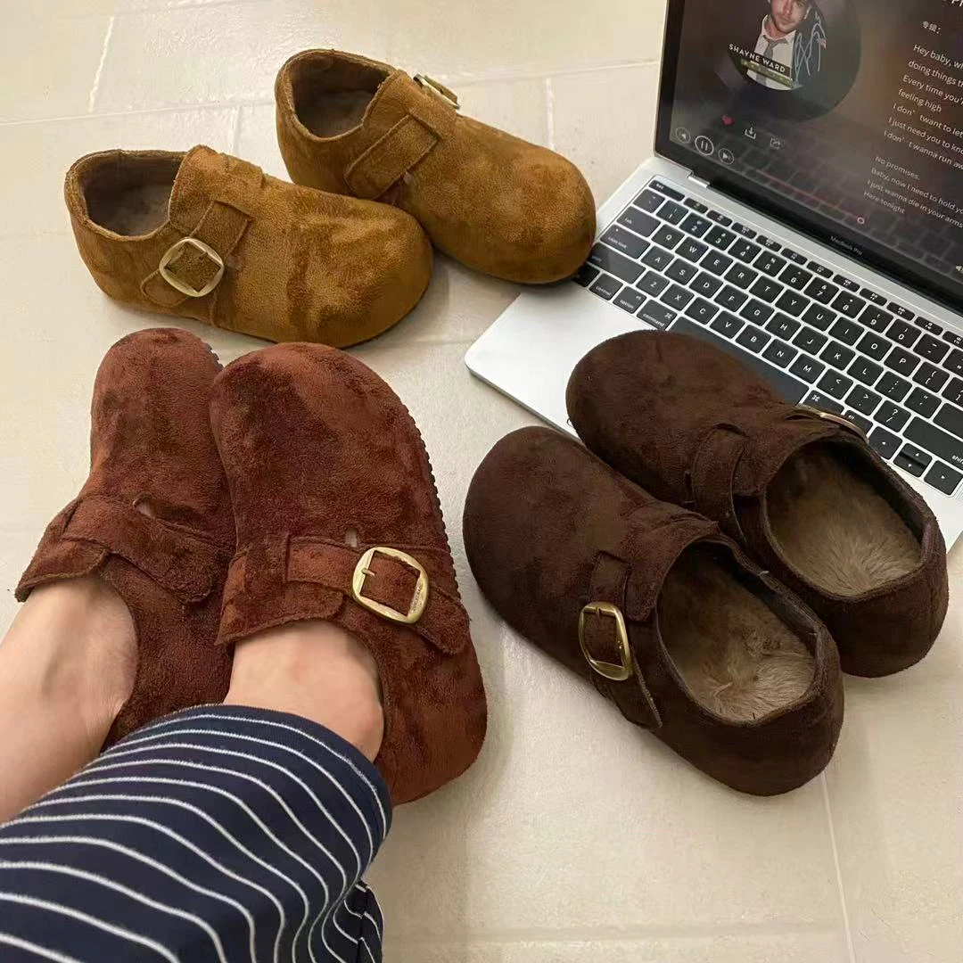 小敏家 厚底内增高加绒全包勃肯鞋 秋冬新款皮带扣一脚蹬森系棉鞋