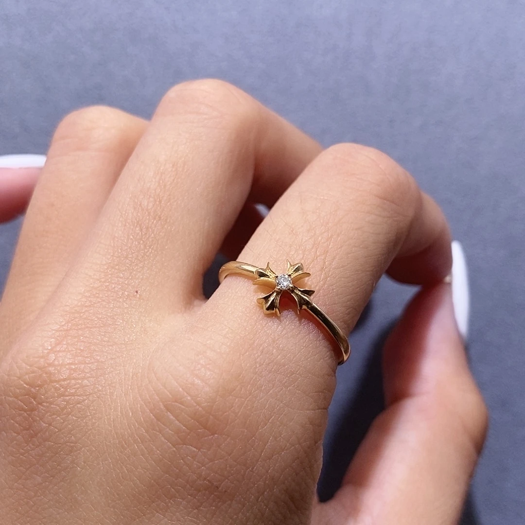 戒指/指环18K金镶嵌钻石小十字架单钻戒指k黄14