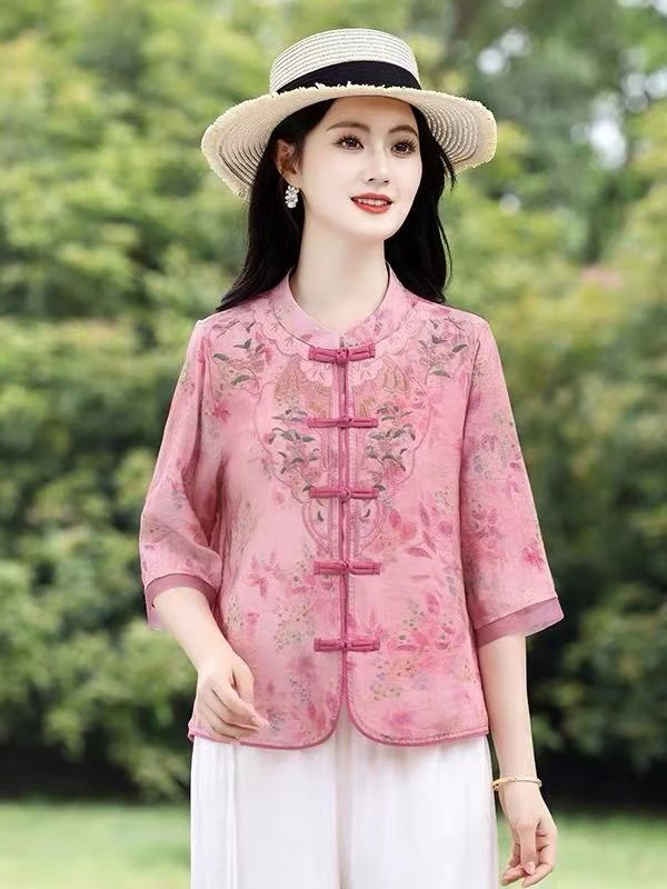2025新中式复古立领盘扣重工刺绣宽松显瘦精致百搭七分袖上衣小衫