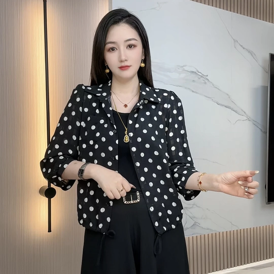 波点夏季新款休闲时尚洋气显瘦七分袖衬衣上衣