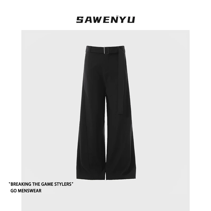SAWENYU美式腰带阔腿西裤男女春季复古宽松百搭休闲裤子男生