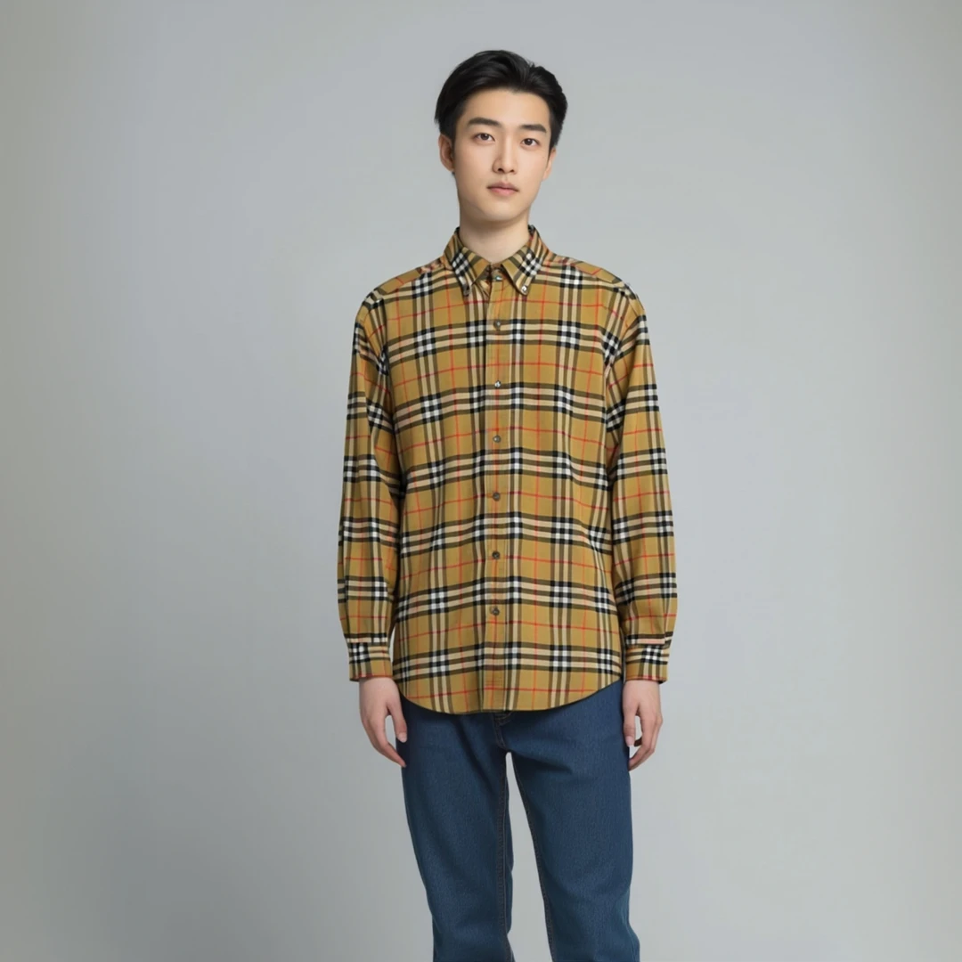 99新 BURBERRY/博柏利 13180087 格纹翻领衬衫长袖 卡其色 XXL码