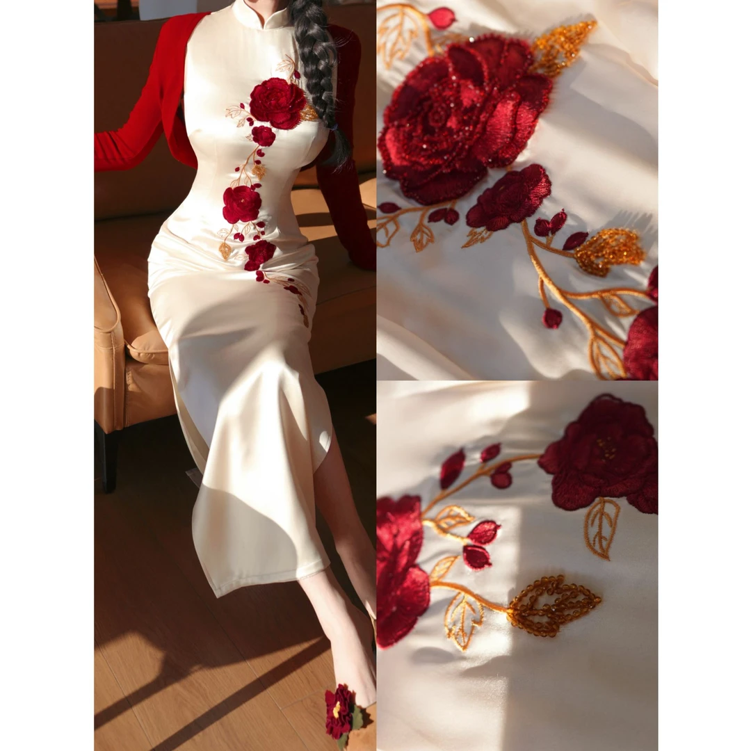 ［桃芝东方美学］原创订婚敬酒服刺绣钉珠设计师旗袍【花烛之喜】