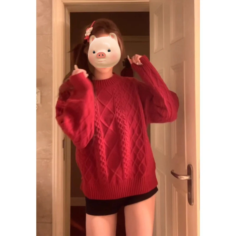 圣诞节穿搭新年过年红色圆领套头麻花毛衣女秋冬慵懒风针织衫上衣