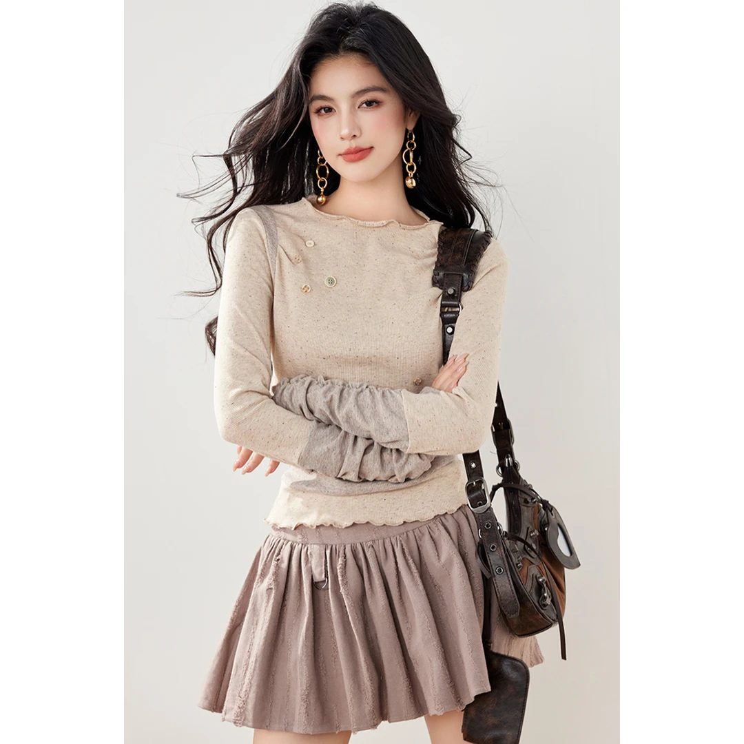 ◆现货2025纽扣拼接气质秋冬短款t恤女秋长袖设计感小众修身打底衫