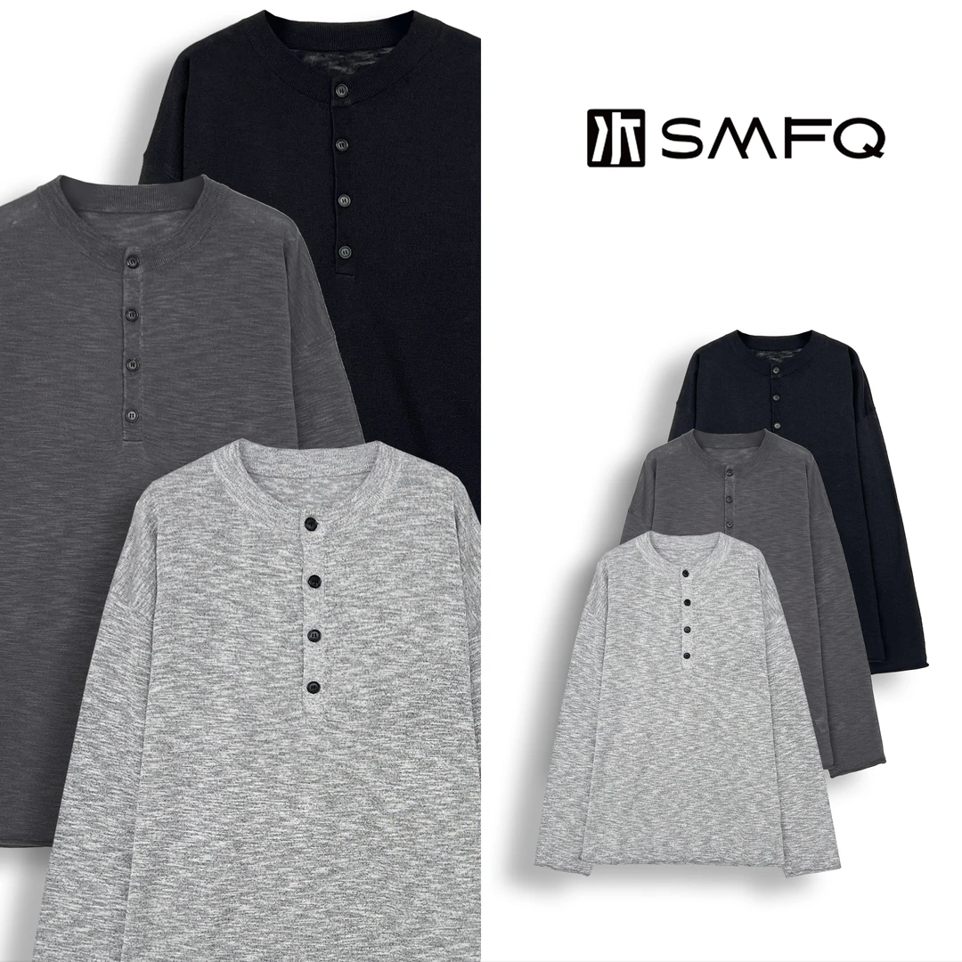 水木夫妻【男款】日系经典亨利领简约针织长袖T恤上衣SMGD0106