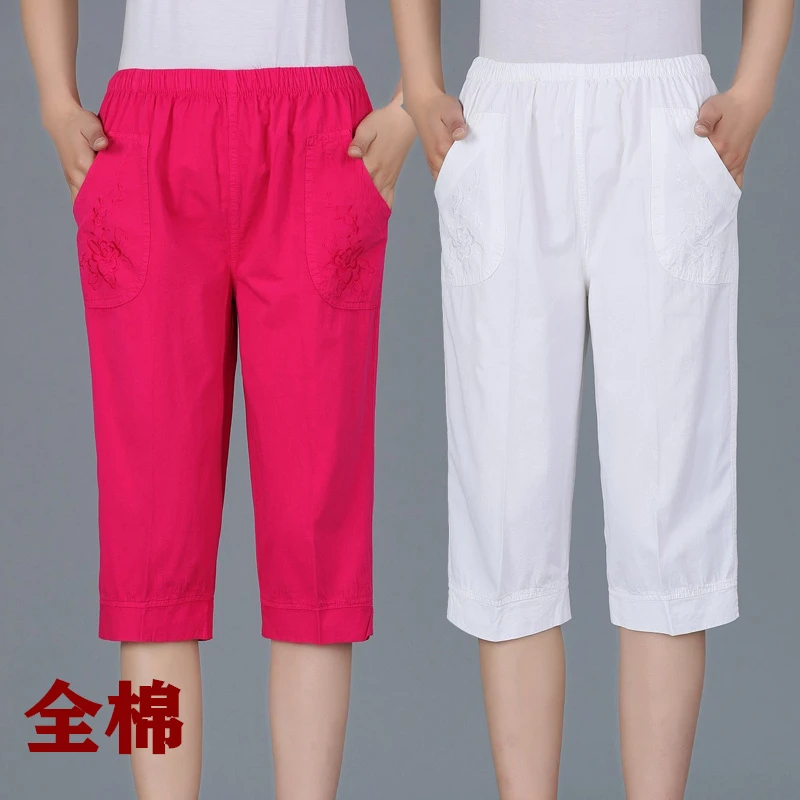 纯棉七分裤中老年女裤2025夏季新款老人高腰宽松全棉中裤透气裤子