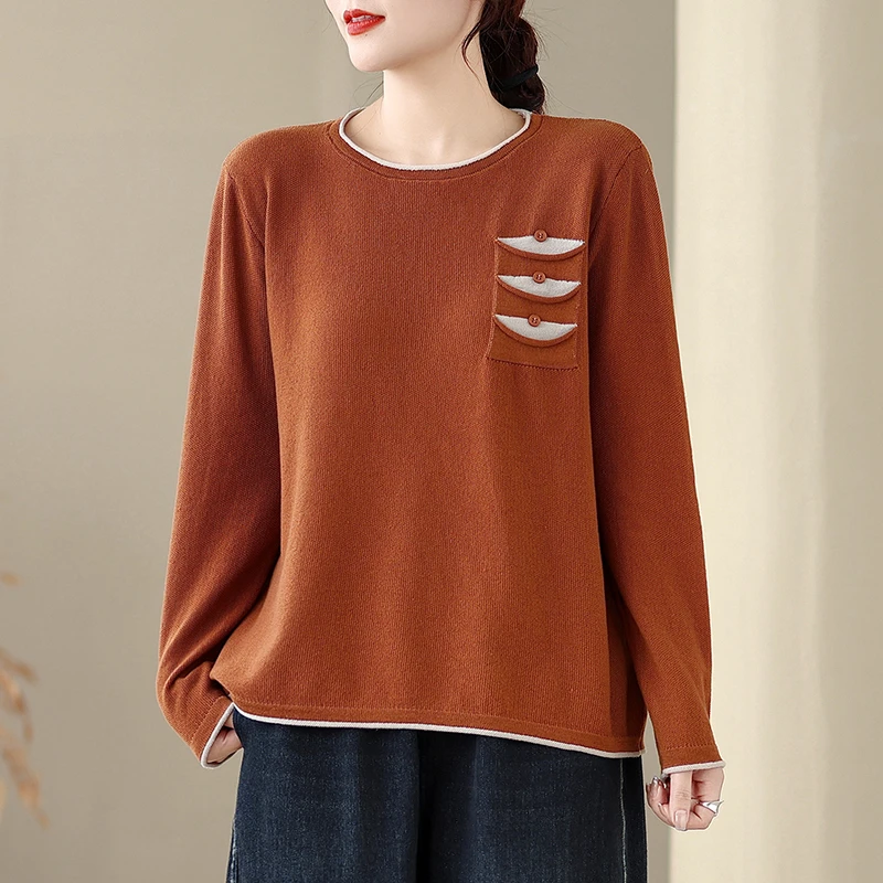 复古橘色圆领长袖毛衣女2025秋冬宽松显瘦时尚撞色装饰针织衫上衣