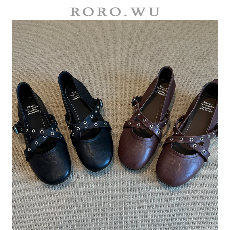 娆娆吴·头层牛皮气质交叉扣带优雅芭蕾舞低跟时尚玛丽珍单鞋A76