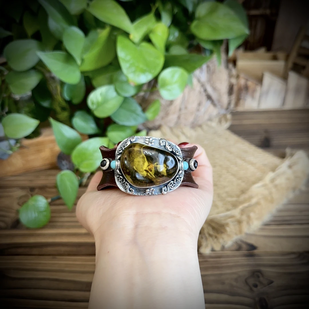 【古香古色】原创复古s925银蜜蜡琥珀皮手镯（开口可调节）